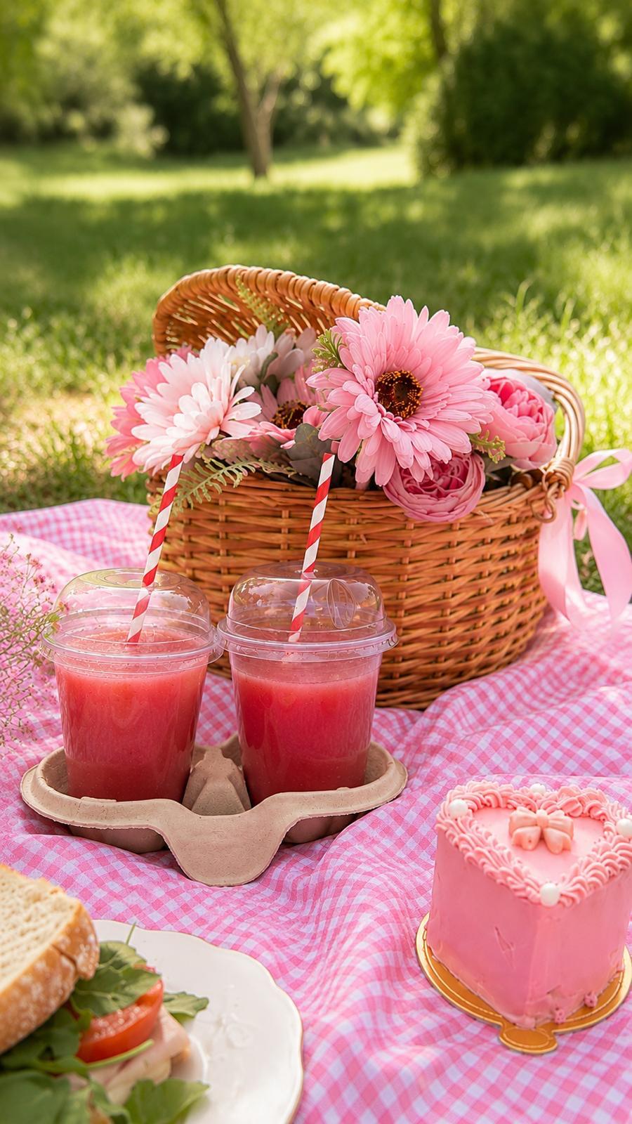 Cesta de picnic Chicnic con sándwiches, smoothies, dulces y flores