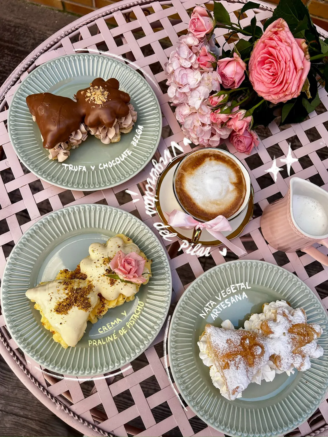 Virgencitas del Pilar: trufa y chocolate, crema y praliné de pistacho y nata vegetal